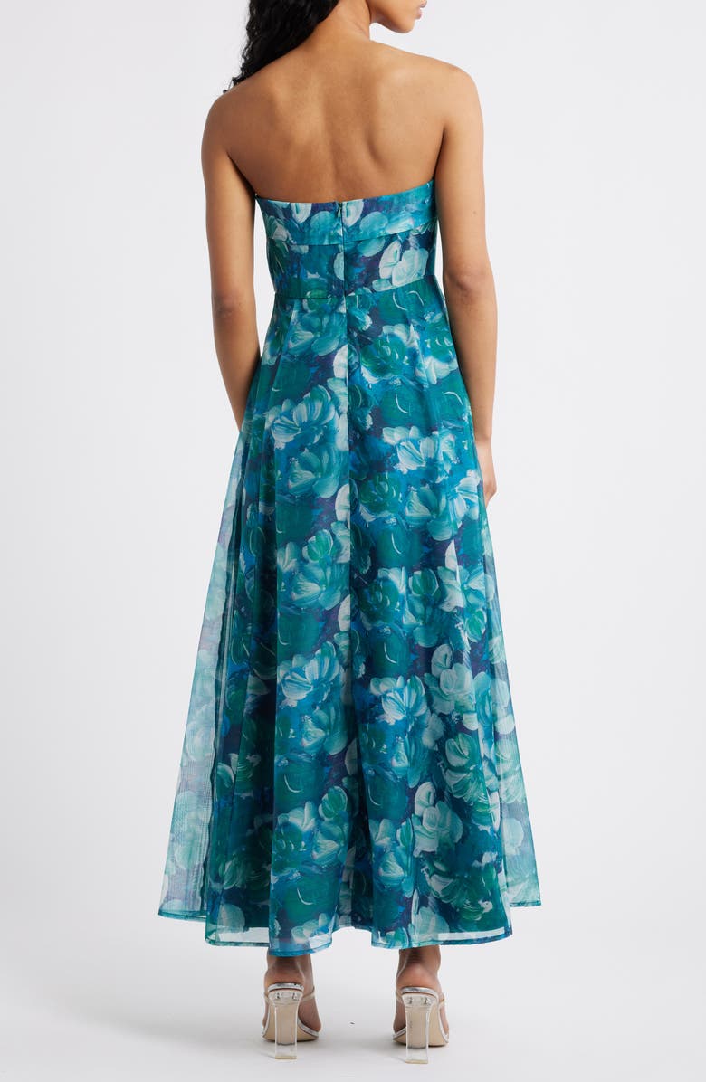 Lulus Elena Strapless Floral Organza Midi Dress, Alternate, color, Blue Multi