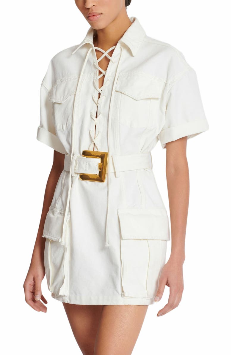 Balmain Short Lace-Up Canvas Dress, Alternate, color, White