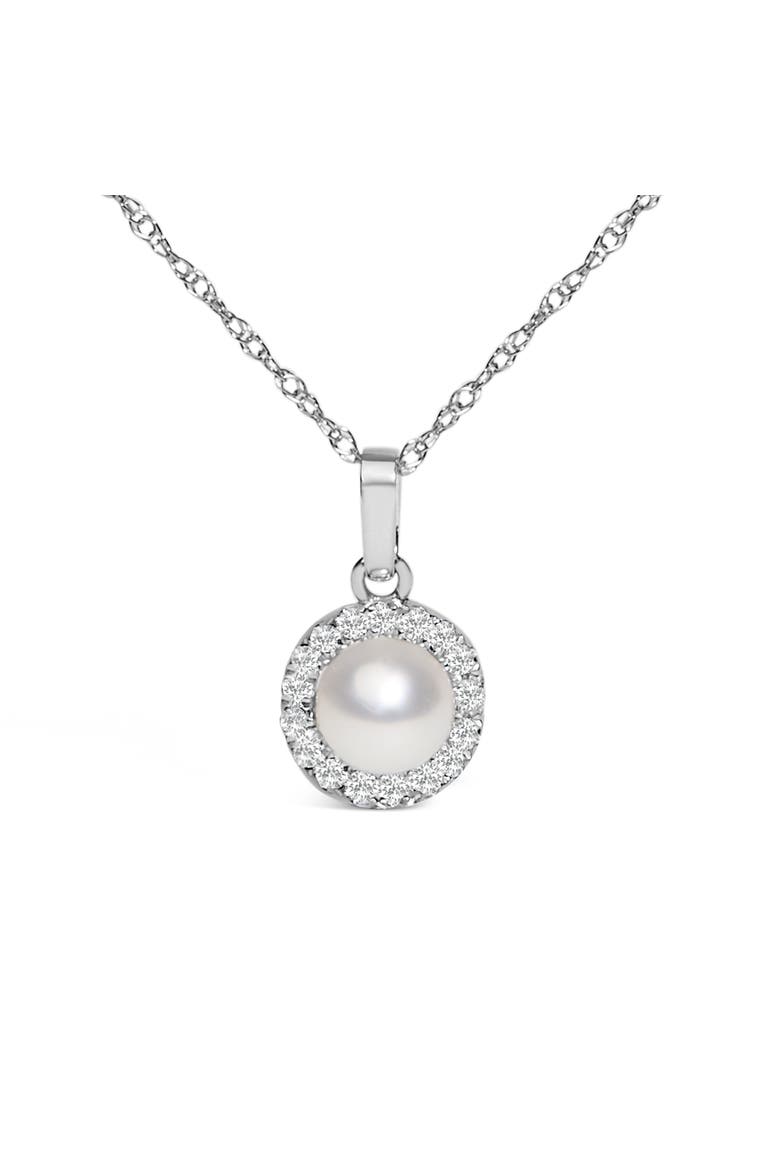 10K White Gold 5MM Cultured Pearl and Diamond Accent Halo Pendant Necklace, Alternate, color, White Gold