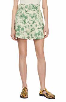 SANDRO Leman Floral Belted Linen Blend Shorts