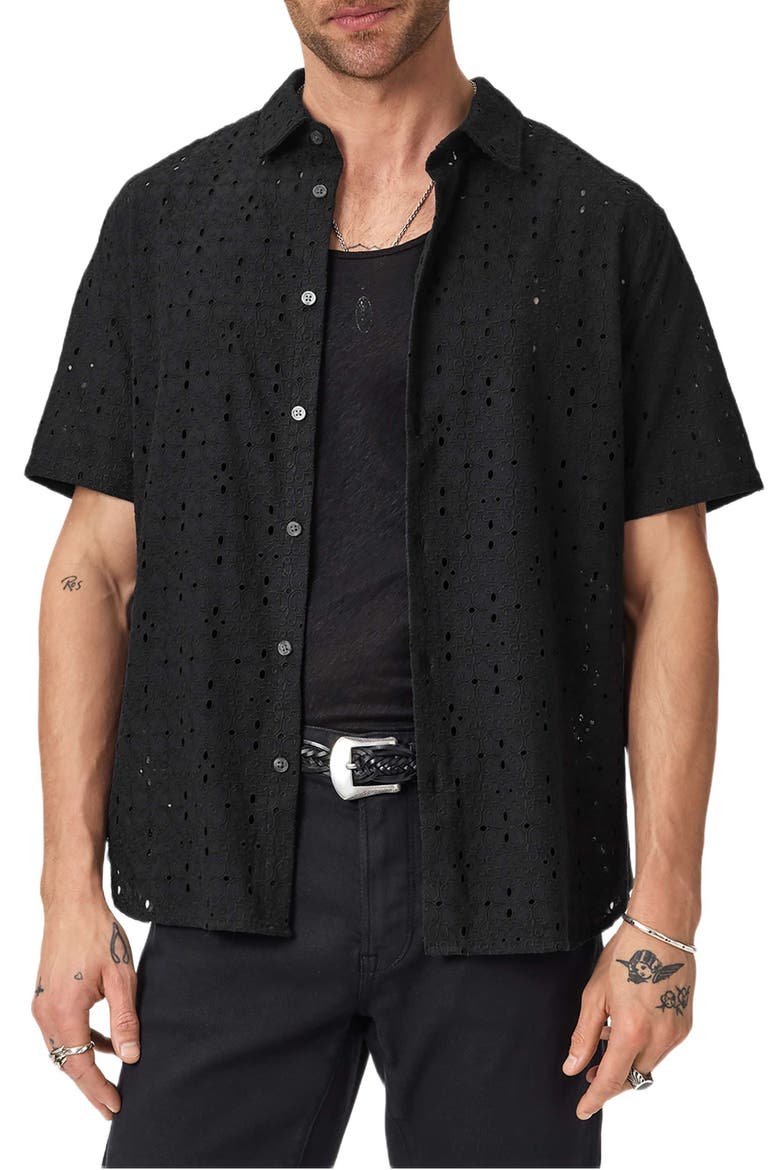 Sean Eyelet Cotton Short Sleeve Button-Up Shirt, Main, color, BLACK