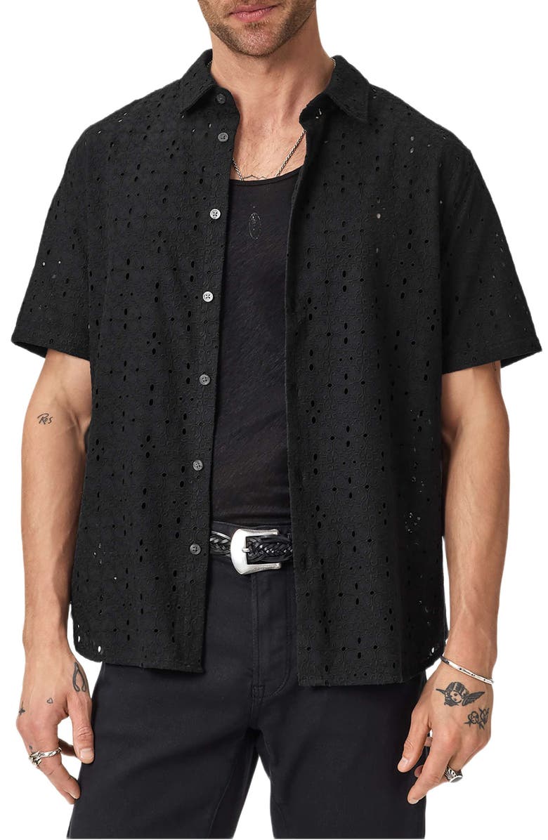 John Varvatos Sean Eyelet Cotton Short Sleeve Button-Up Shirt, Main, color, Black