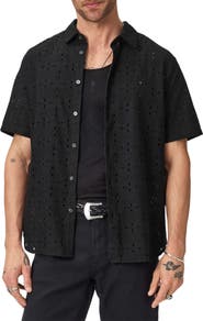 John Varvatos Sean Eyelet Cotton Short Sleeve Button-Up Shirt