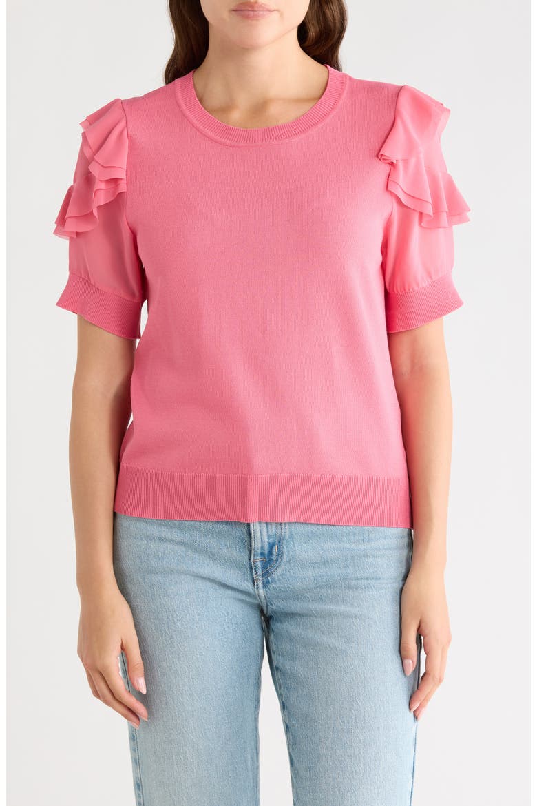Ruffle Short Sleeve Mixed Media Sweater, Main, color, MADEMOISELLE PINK