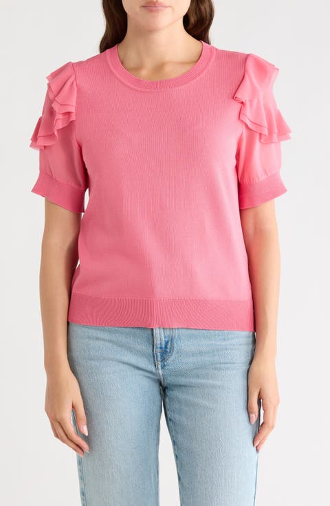 Ruffle Short Sleeve Mixed Media Sweater