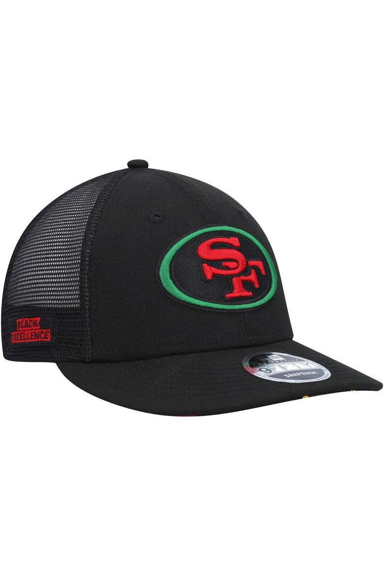 Men's New Era Black San Francisco 49ers Black Excellence Collection Trucker Low Profile 9FIFTY Snapback Hat, Alternate, color, Black