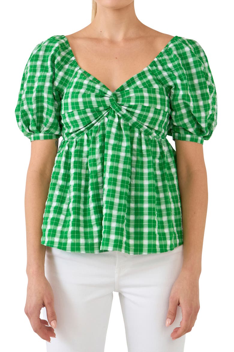 Twist Front Gingham Puff Sleeve Top, Alternate, color, GREEN