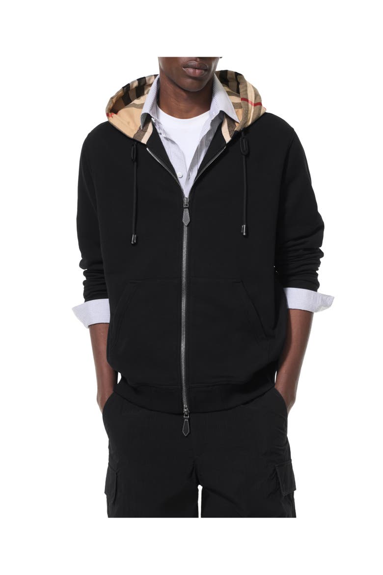 Check Hood Cotton Zip Hoodie, Alternate, color, Black/archive beige