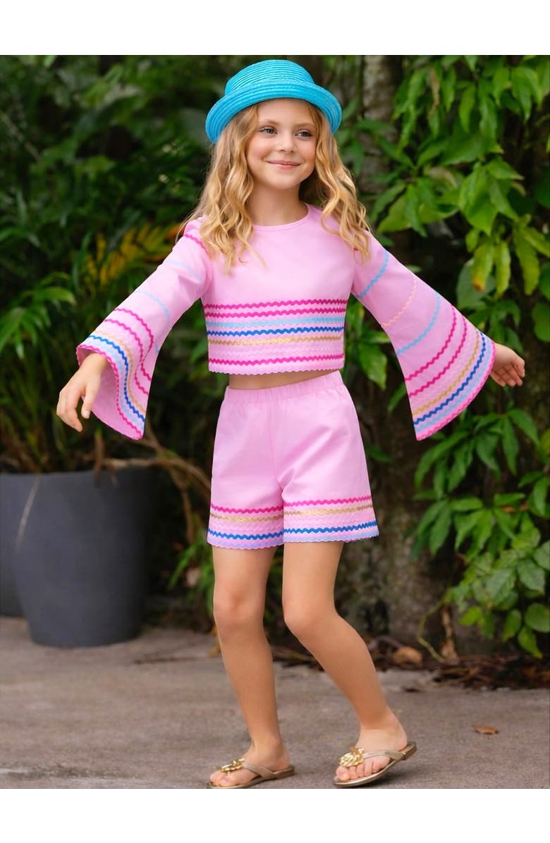 Mia Belle Girls Sunset Waves Cotton Bell Sleeve Top and Short Set, Alternate, color, Pink