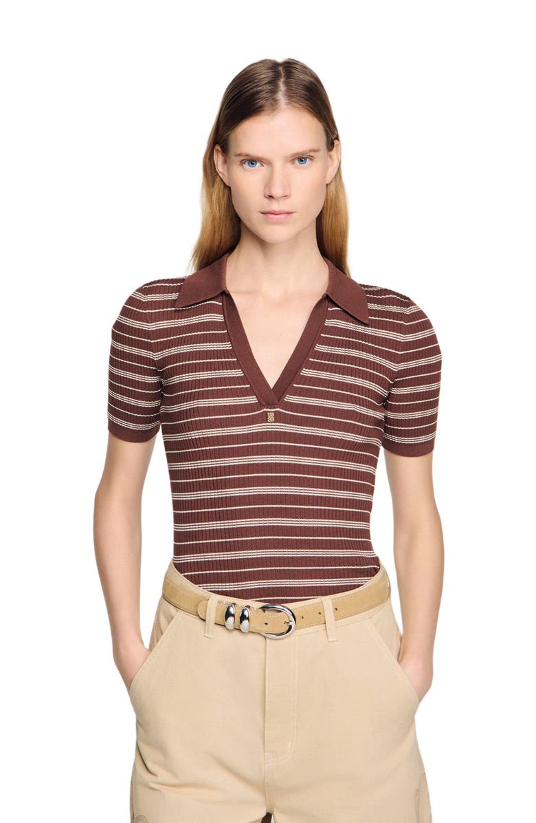 SANDRO Striped V-neck polo sweater, Main, color, Brown