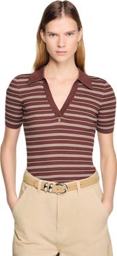 SANDRO Striped V-neck polo sweater