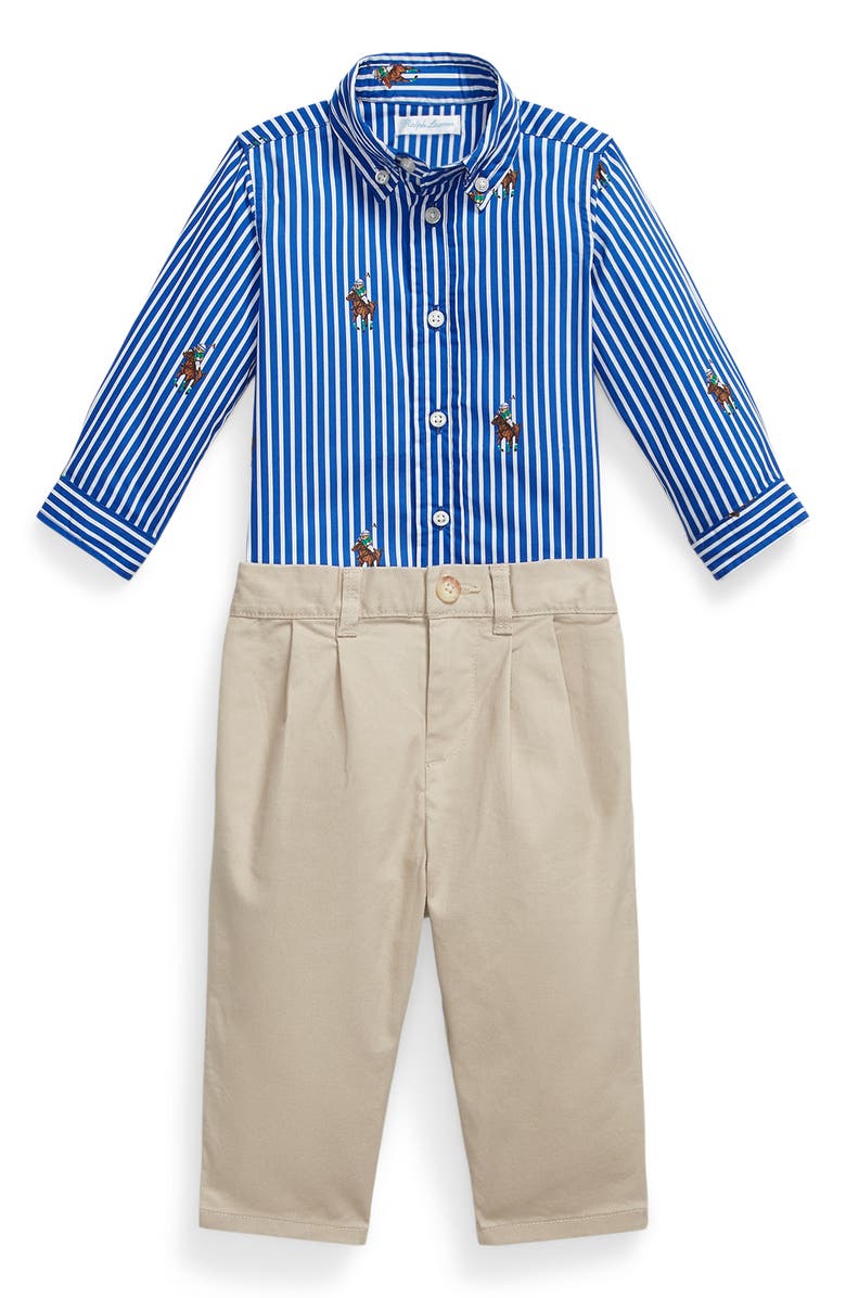 Ralph Lauren Stripe Button-Down Shirt & Pants Set, Main, color, Multi Blue