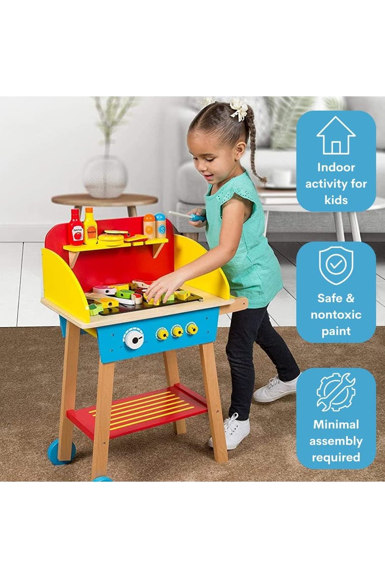 Cook 'N Grill Wood Toy BBQ Set- Pretend Play Wooden Barbeque Food & Grilling Tools for Kids, 30+ Pieces, Alternate, color, Red