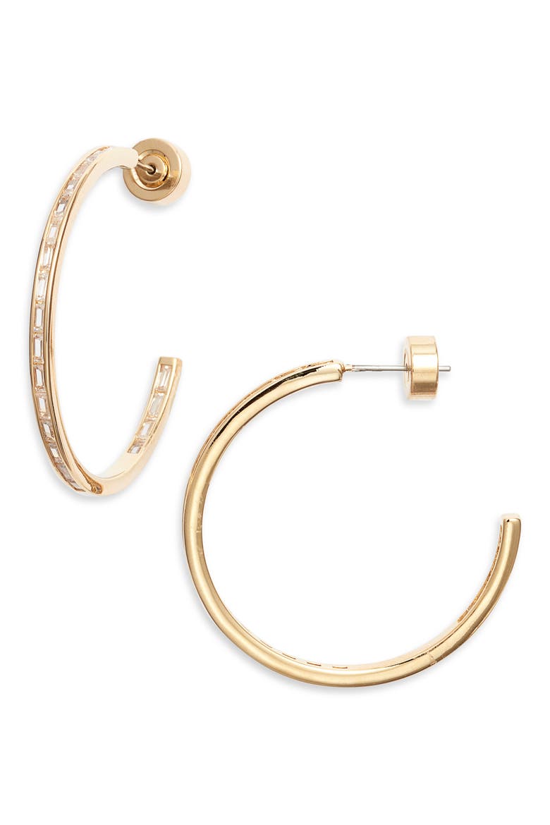 Baguette Cubic Zirconia Inside Out Hoop Earrings, Main, color, CLEAR- GOLD