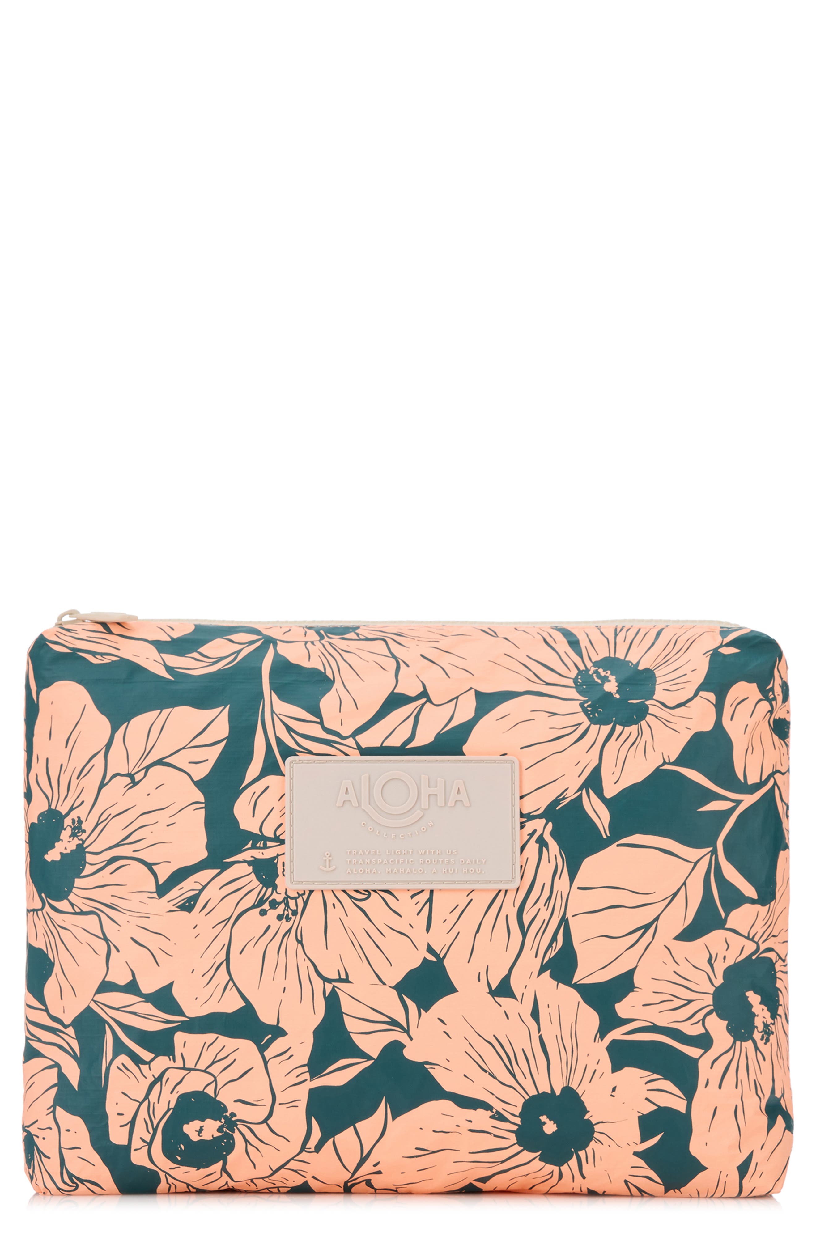 Aloha Collection Mid Flor Del Mar Water Resistant Tyvek<sup>®</sup> Zip Pouch, Main, color, Dark Teal/ Peachy