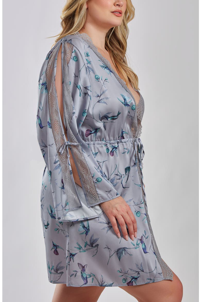 Hummingbird Print Cold Shoulder Lace Trim Satin Robe, Alternate, color, GRAY