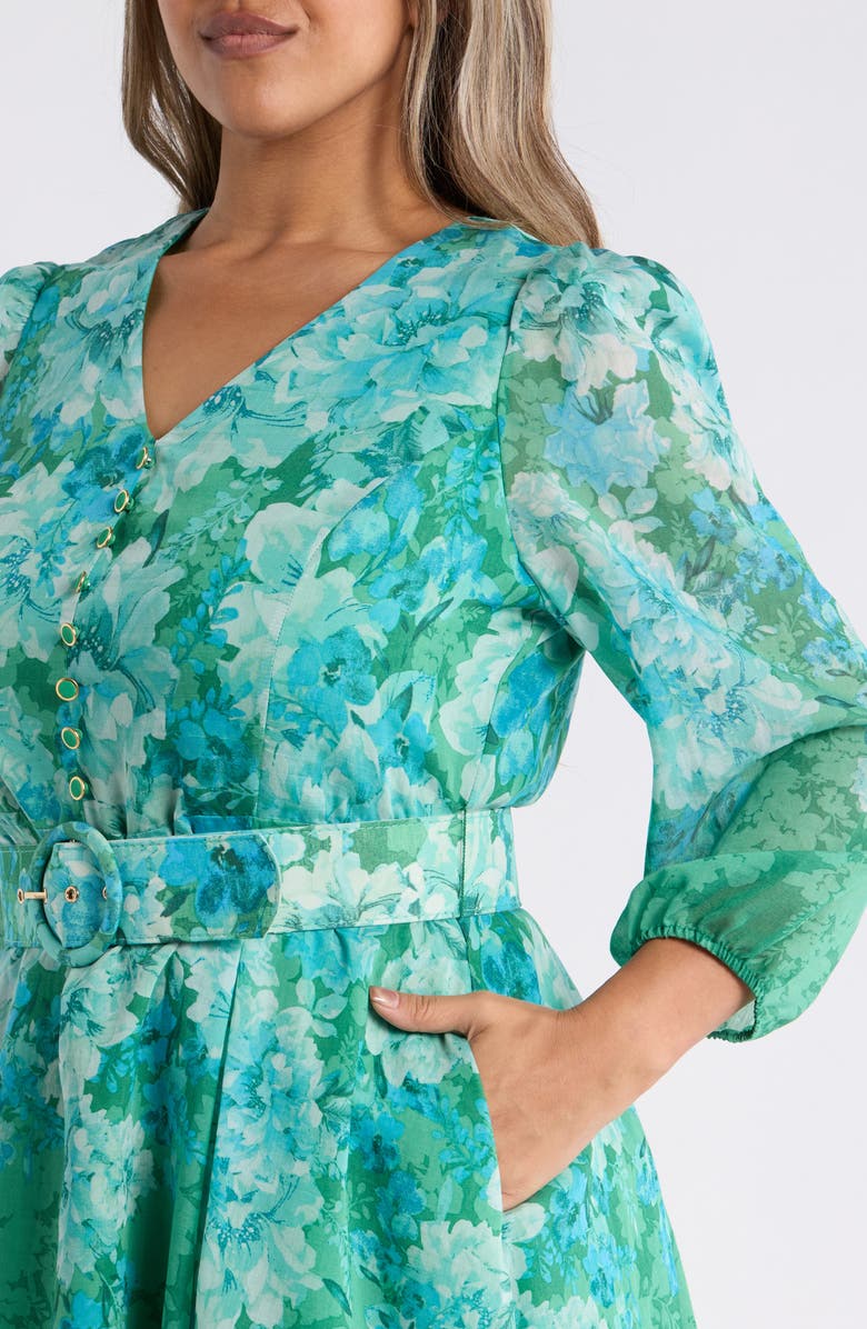 Tahari ASL Long Sleeve Printed Midi Dress, Alternate, color, Green