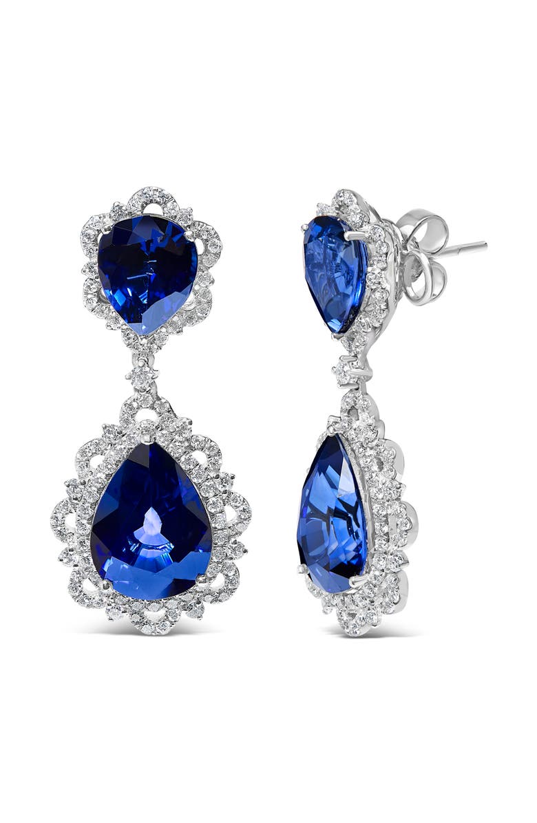 Haus of Brilliance 18K White Gold Blue Sapphire & 2.0 Cttw Diamond Halo Drop & Dangle Earring, Alternate, color, White