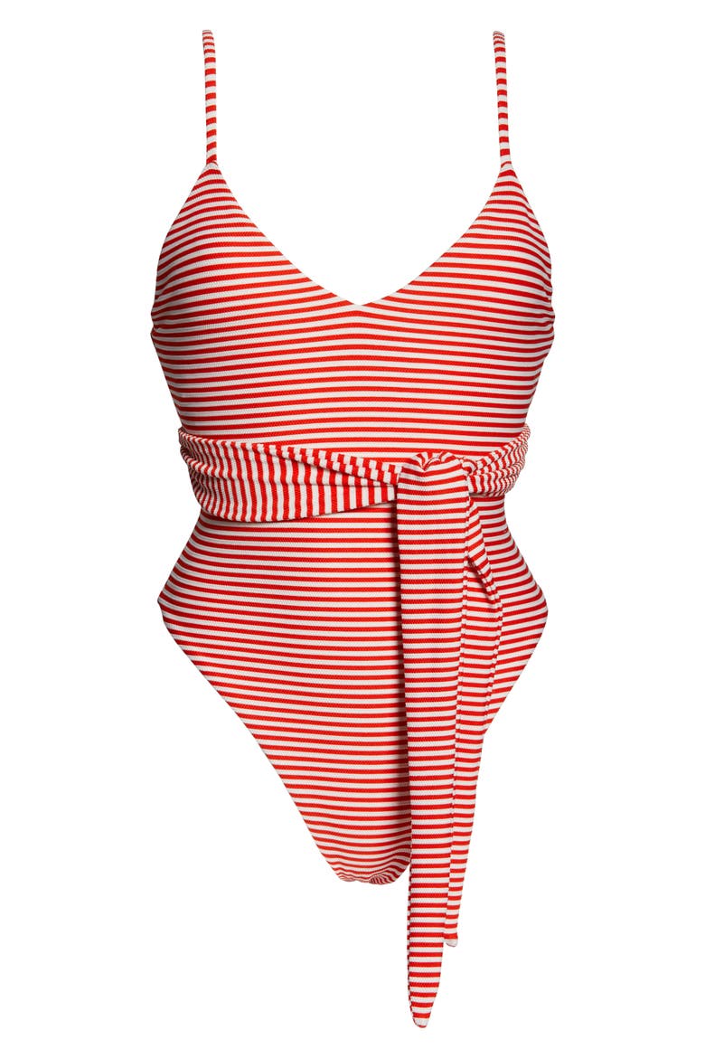 Gamela Belted One-Piece Swimsuit, Alternate, color, WHITE RED