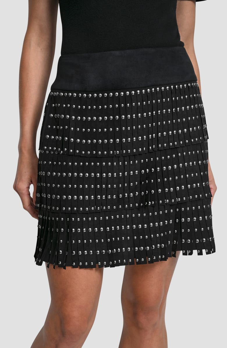 DKNY Stud Fringe Miniskirt, Alternate, color, Black