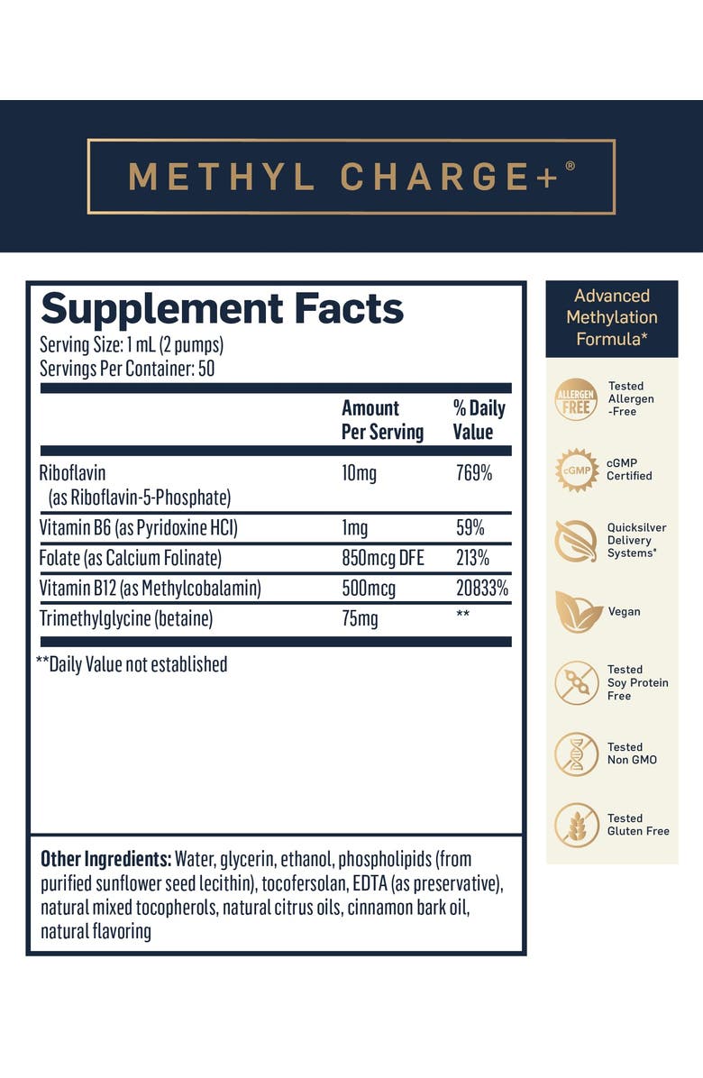 Quicksilver Scientific Methyl Charge Vitamin B Supplement with Folate B2 B6 and B12, Alternate, color, 