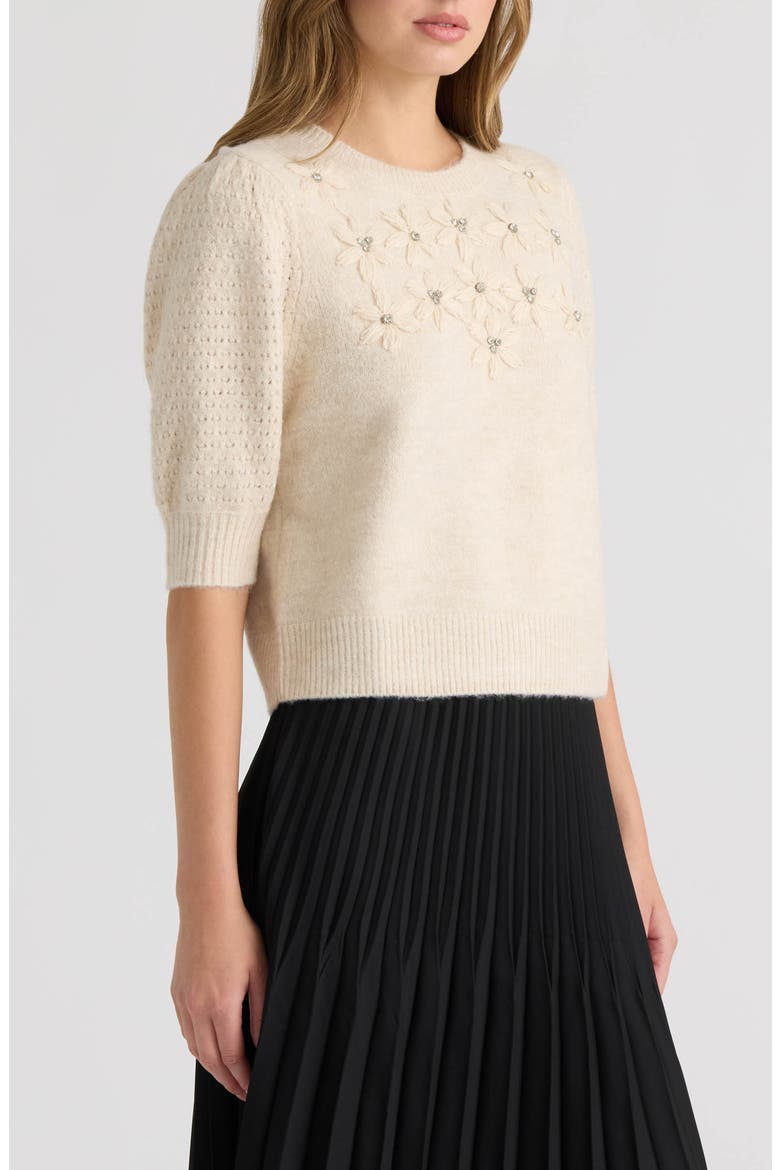 Embroidered Flower Puff Sleeve Sweater, Alternate, color, OATMEAL MIX