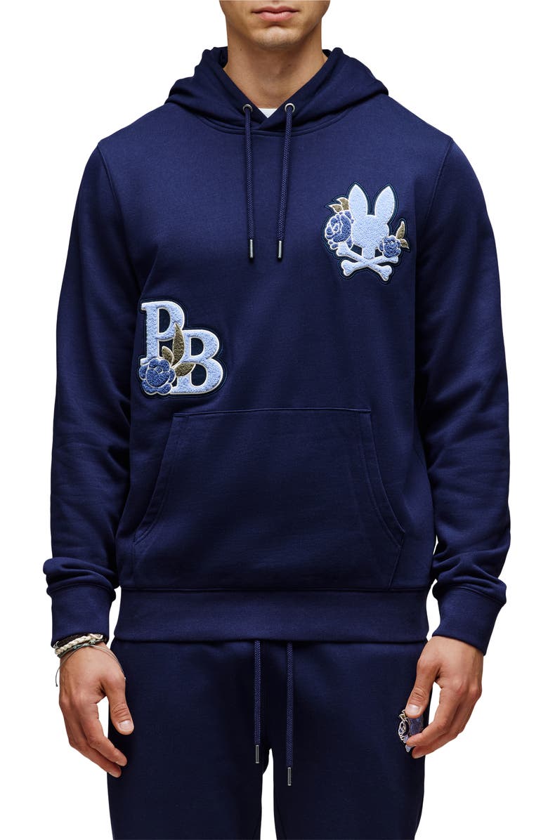 Psycho Bunny Auguste Floral Patch Hoodie, Main, color, Evening Blue