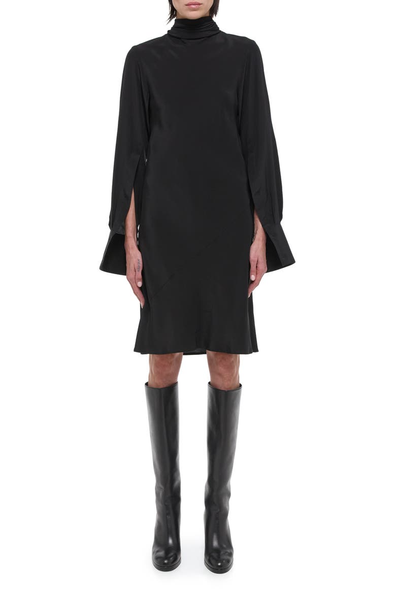 Scarf Neck Long Sleeve Silk Dress, Main, color, BLK