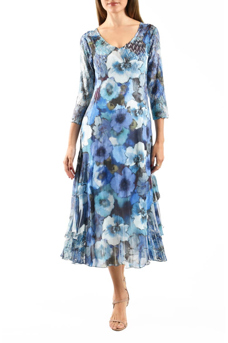 Floral Charmeuse & Chiffon Cocktail Dress, Main, color, BLUE HAZE