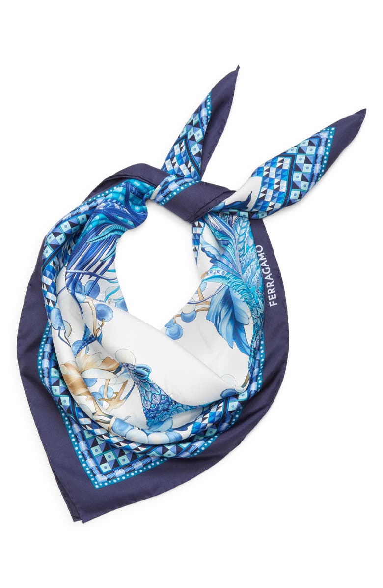 FERRAGAMO Animals Print Silk Square Scarf, Alternate, color, Avorio/Navy/Turchesi
