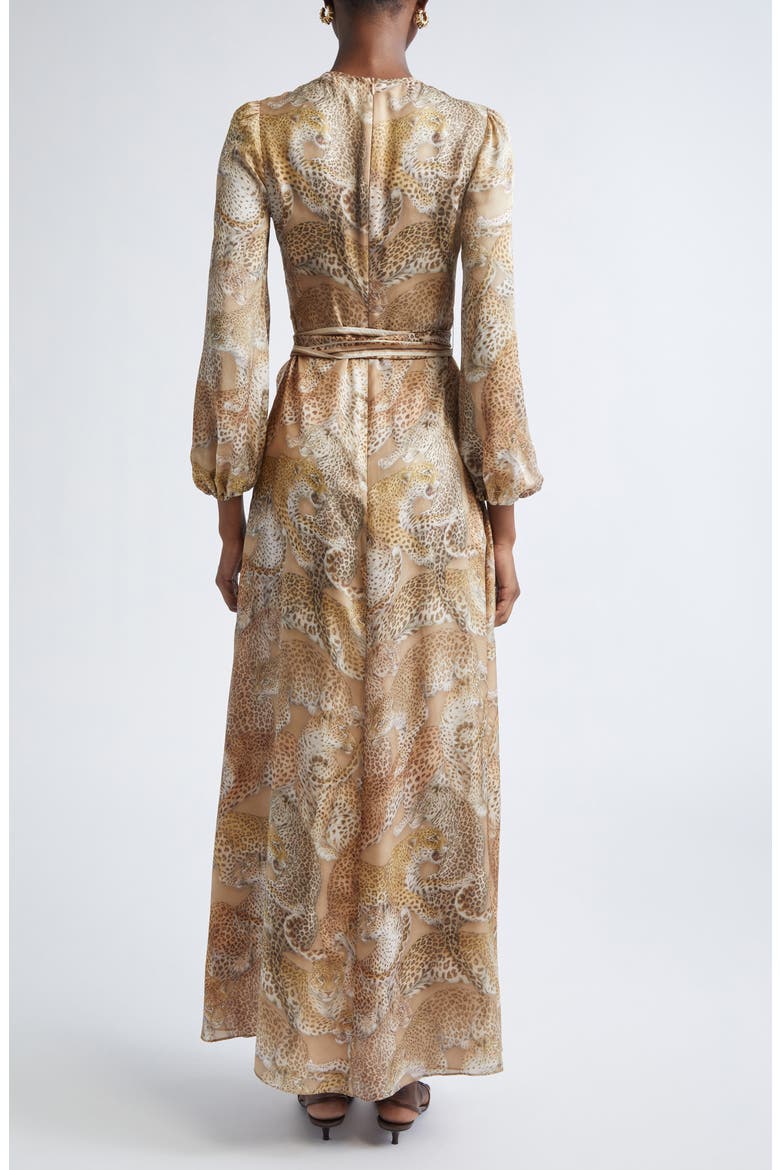 Rebellion Long Sleeve Belted Silk Maxi Dress, Alternate, color, LATTE LEOPARD