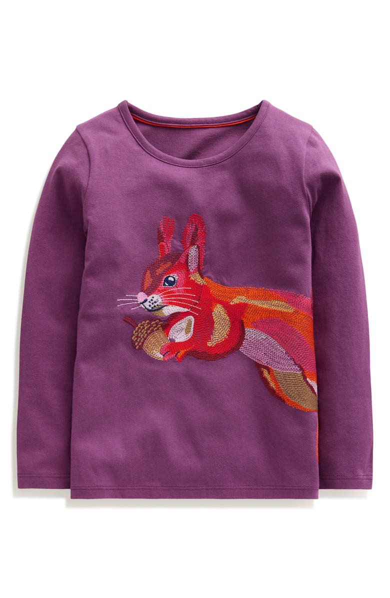 Mini Boden Kids' Squirrel Embroidered Long Sleeve Cotton Graphic T-Shirt, Main, color, 