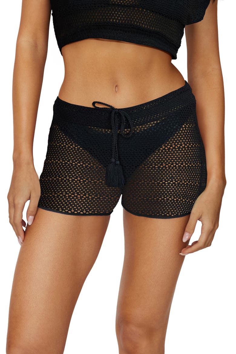 Bree Open Stitch Cover-Up Shorts, Main, color, BLACK