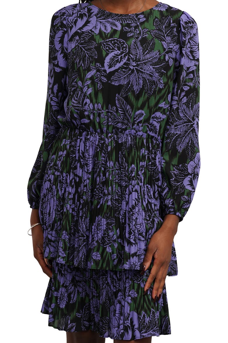 Pleated Tiered Tie Belt Long Sleeve Dress, Alternate, color, IKAT FLORA
