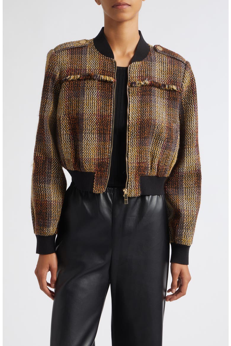 Pierce Fringe Detail Tweed Bomber Jacket, Main, color, FIG MULTI