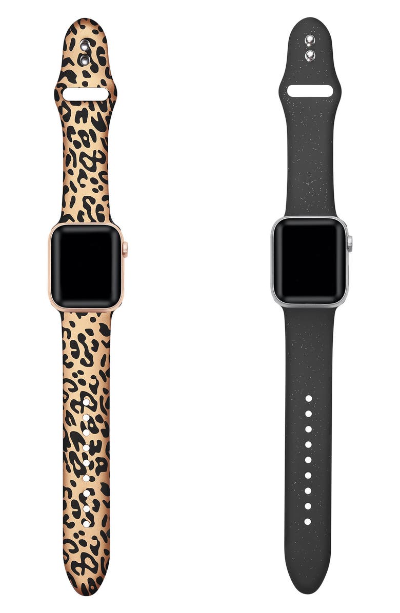 The Posh Tech Assorted 2-Pack Animal Print & Solid Silicone Apple Watch<sup>®</sup> Watchbands, Alternate, color, Rose Gold / Black