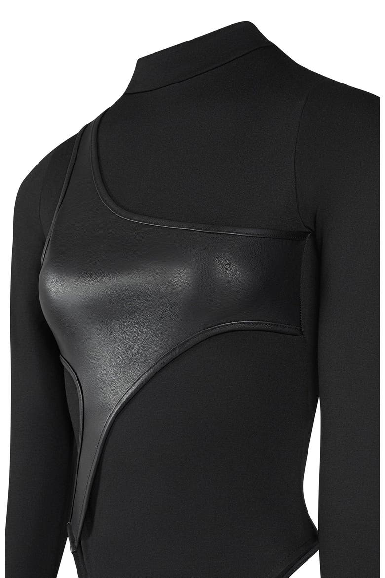 Leather Overlay High Neck Bodysuit, Alternate, color, Black
