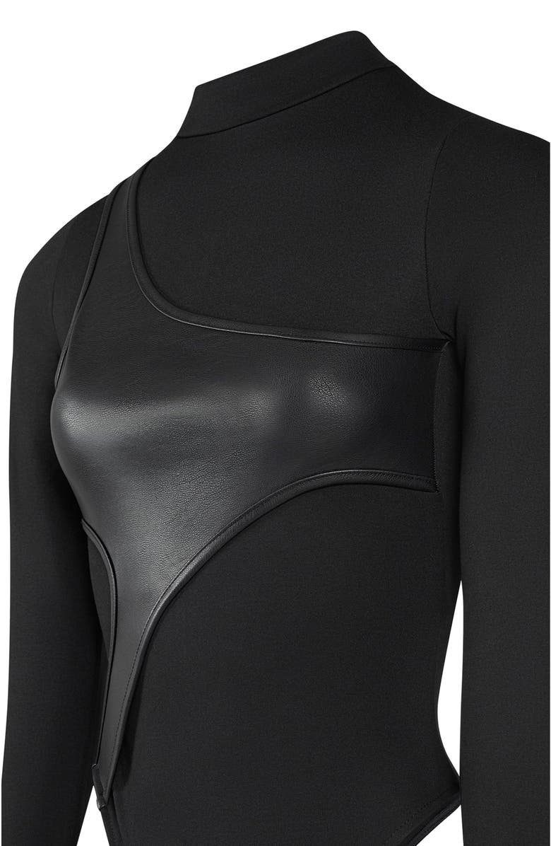 Manière De Voir Leather Overlay High Neck Bodysuit, Alternate, color, Black