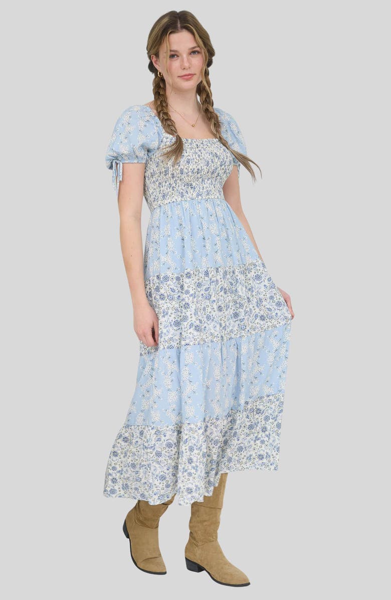 Blu Pepper Smocked Tiered Midi Dress, Alternate, color, Light Blue Multi