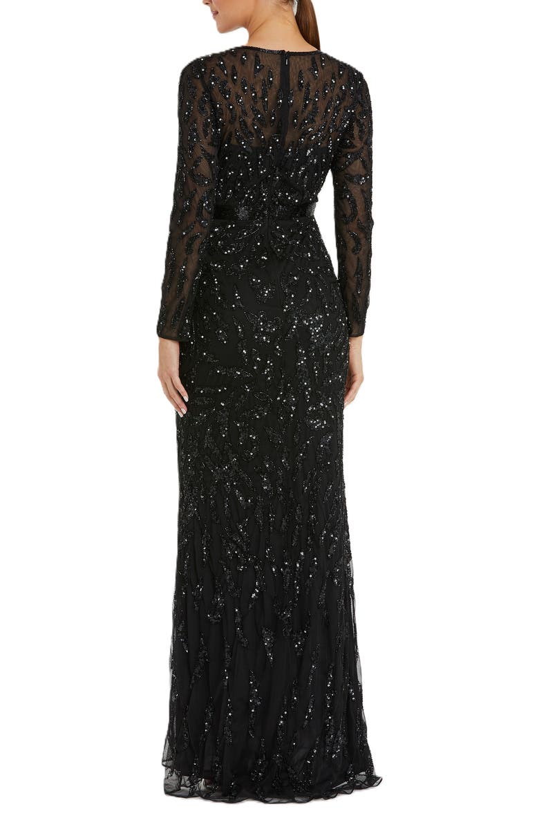 Mac Duggal Abstract Beaded Long Sleeve Evening Gown, Alternate, color, Black