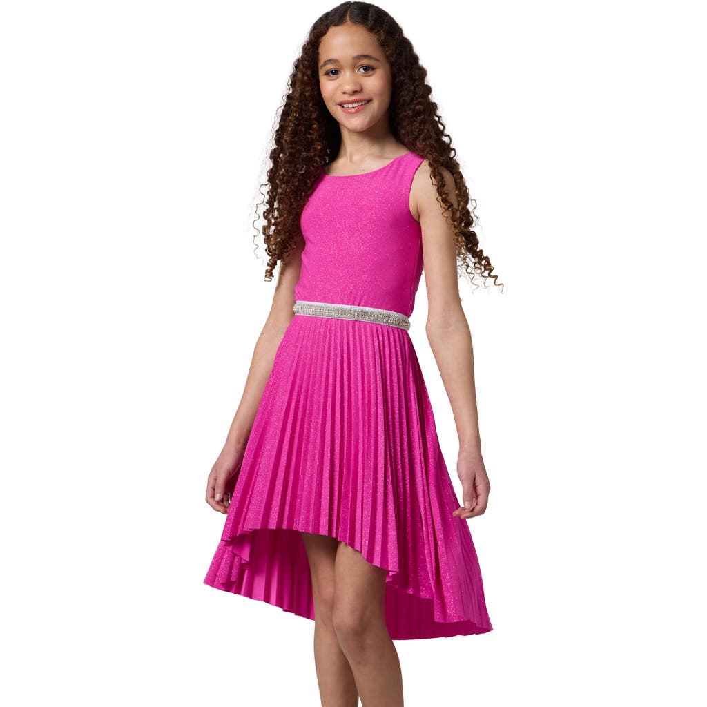 Un Deux Trois Glitter Pleated High Low Dress With Belt In Pink