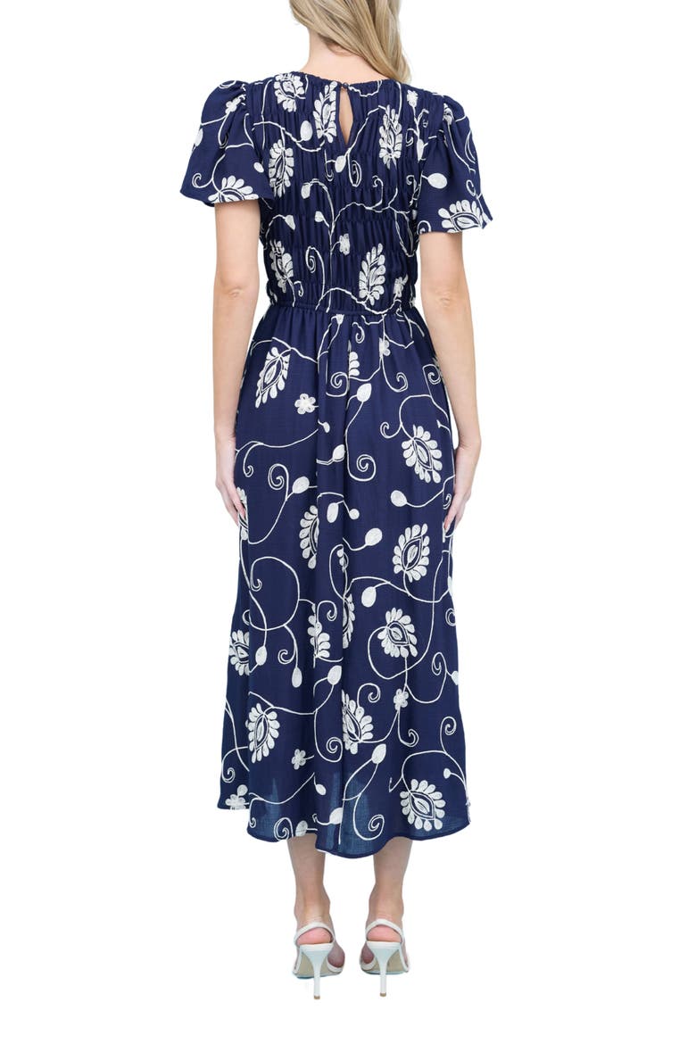 Embroidered Smocked Short Sleeve Maxi Dress, Alternate, color, NAVY
