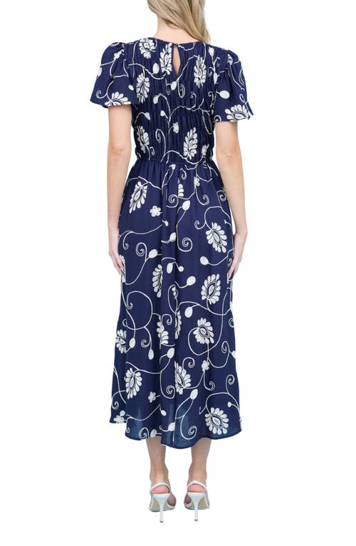 August Sky Embroidered Smocked Short Sleeve Maxi Dress In Navy