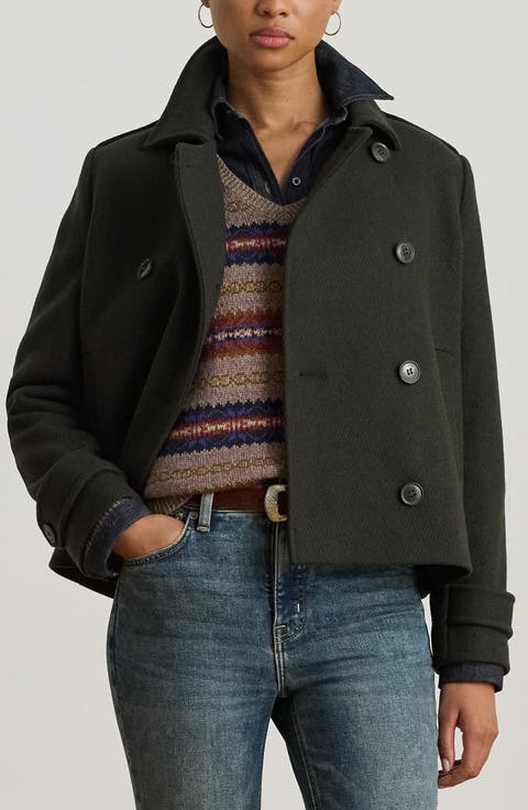 Double Breasted Wool Blend Twill Jacket