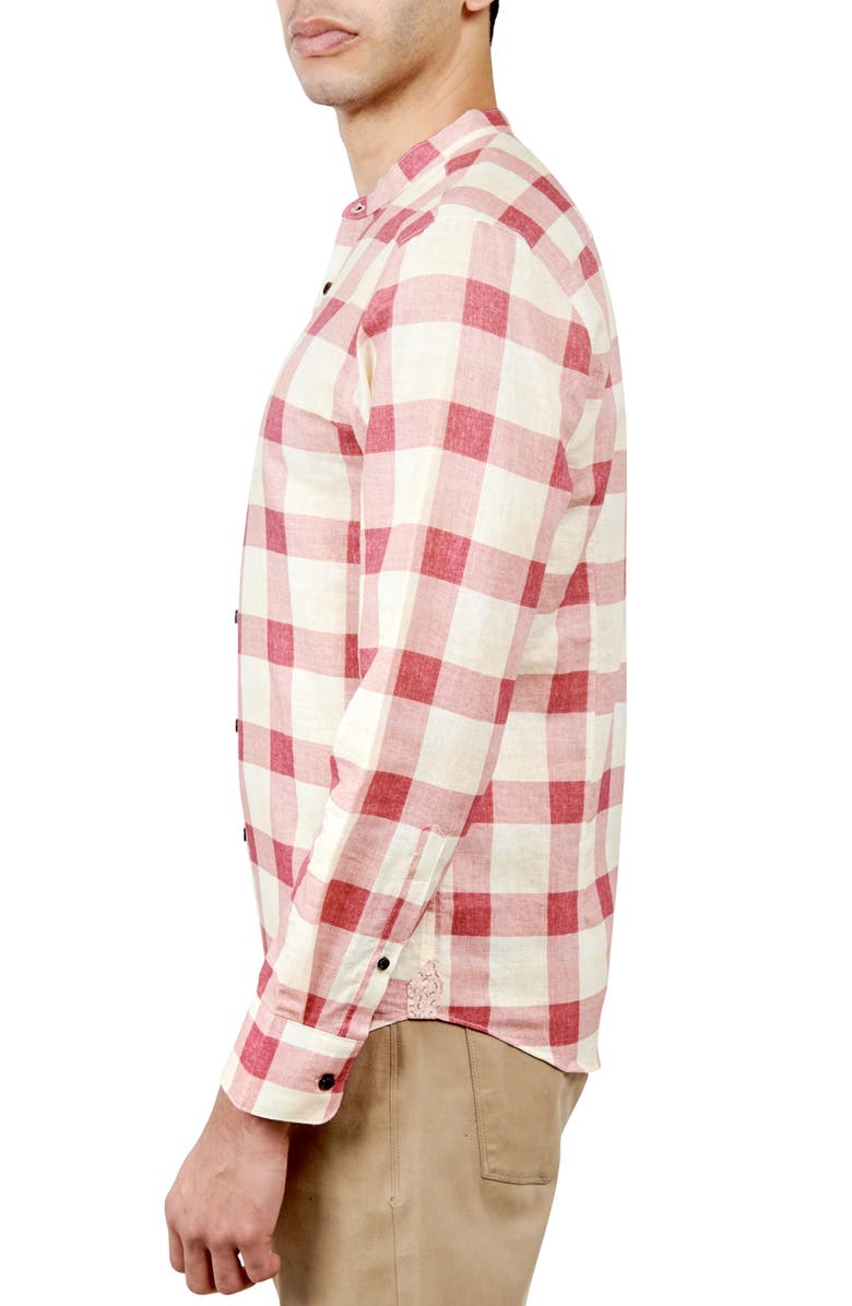 Brooklyn Brigade Slim Fit Check Print Linen Cotton Banded Collar Long Sleeve Shirt, Alternate, color, Multi