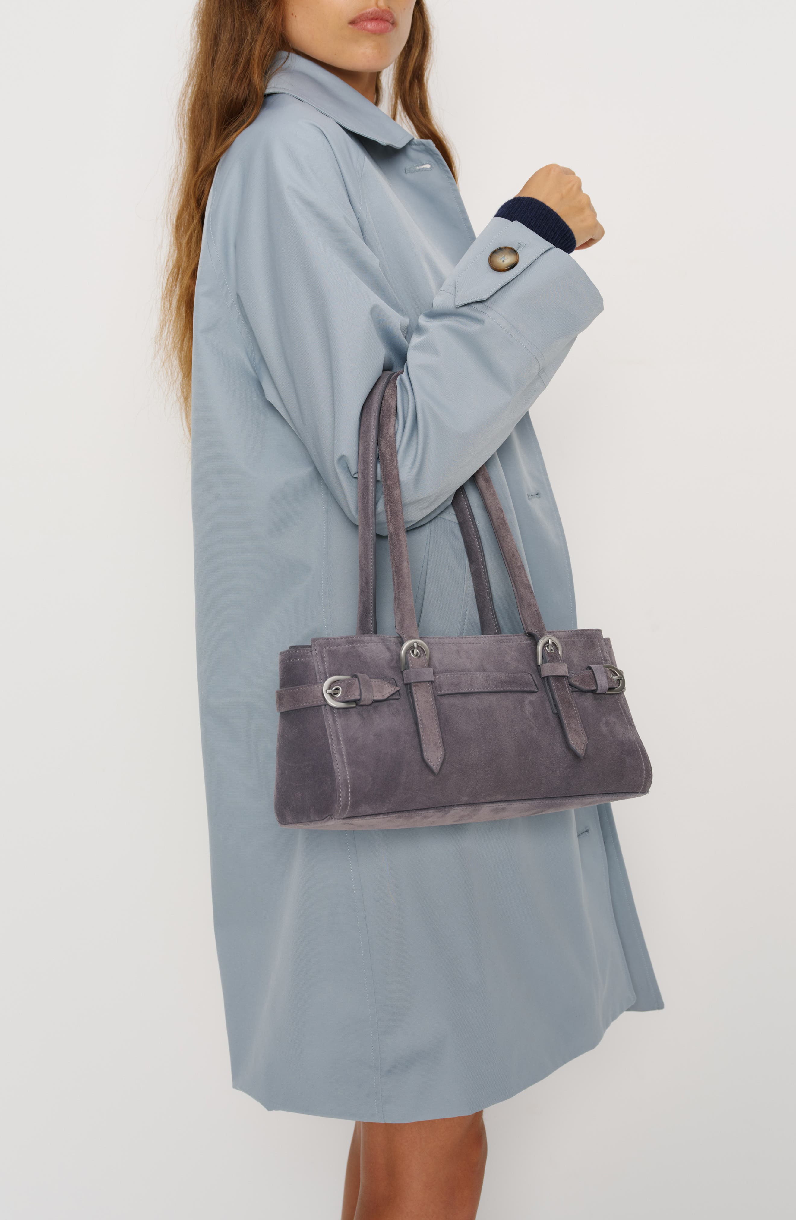 Reformation Dominique Leather Shoulder Bag, Alternate, color, Gunmetal Suede