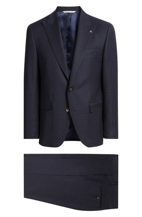 Engel Navy Microcheck Peak Lapel Wool Suit