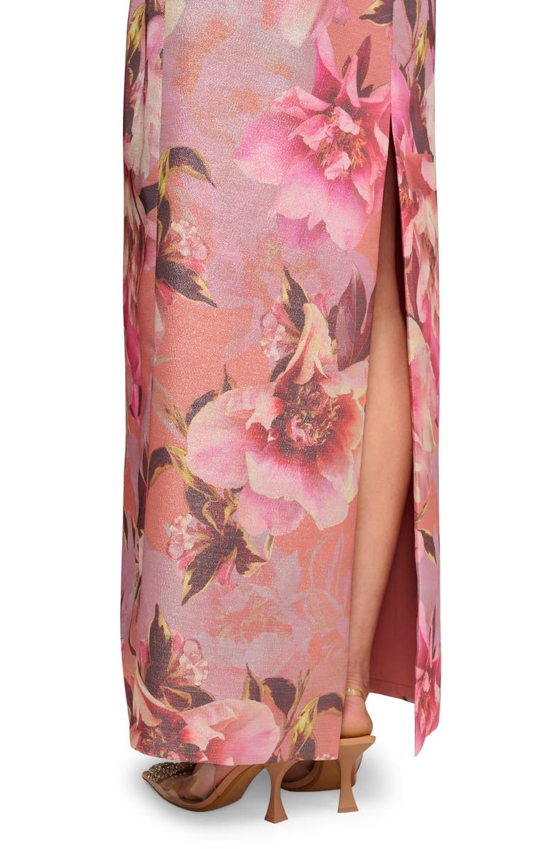 Aidan Mattox Print Metallic Jacquard Strapless Gown, Alternate, color, Apricot Multi