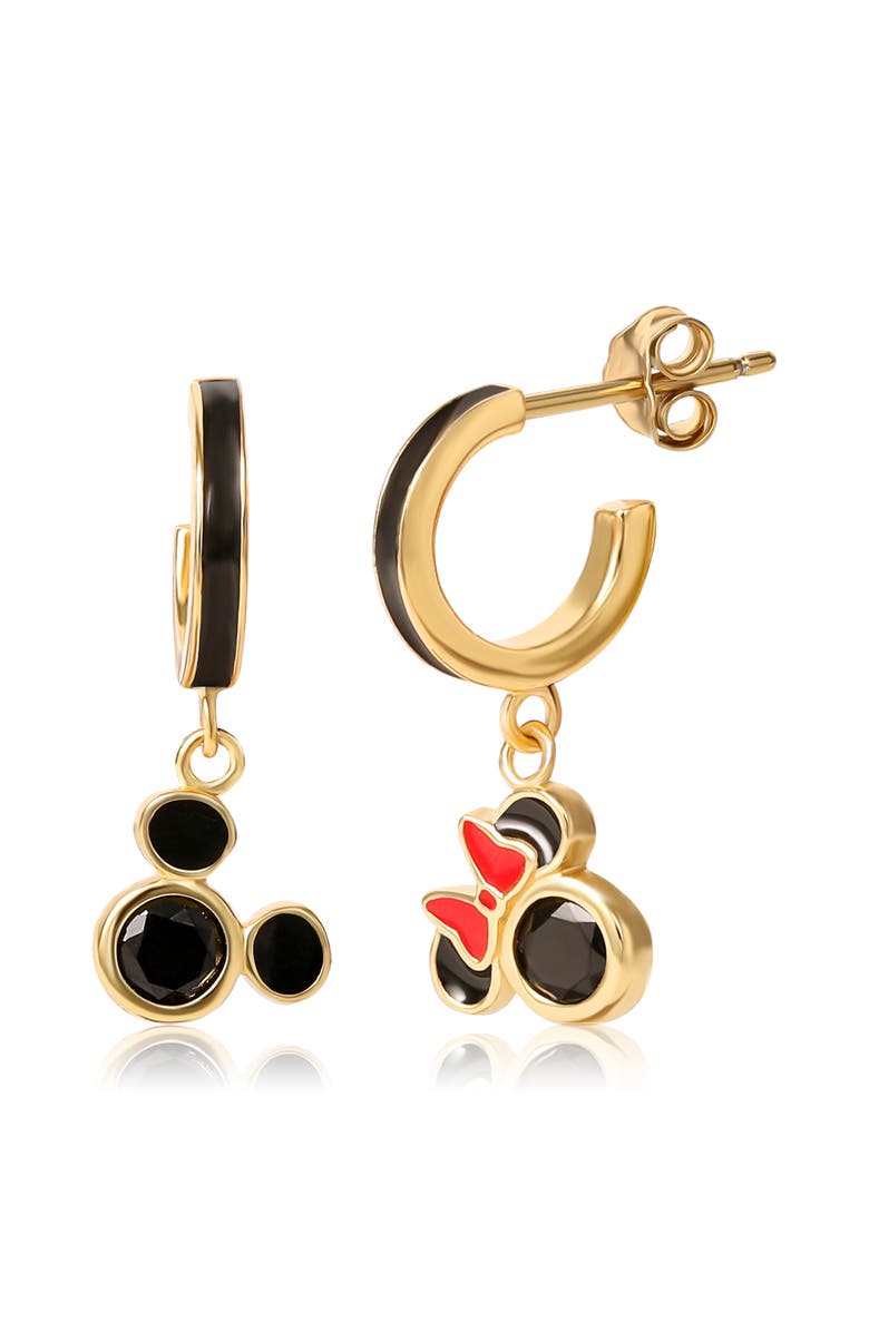 Disney Mismatched Minnie and Mickey Hoop Earrings for Women Official License, 18k Gold Flash-Plated Sterling Silver Disney Earrings, Main, color, Black/Gold/Red