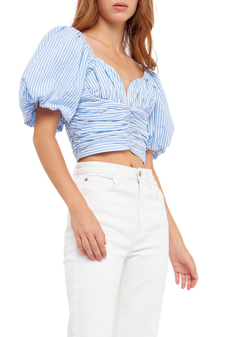 Ruched Puff Sleeve Crop Blouse, Alternate, color, BLUE STRIPE